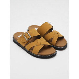 Classic Tan Multi Strap Slide Sandals with Adjustable Buckle